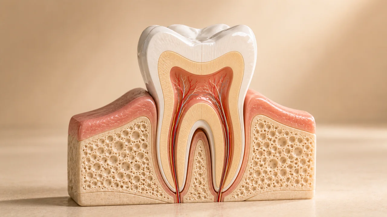 Anatomia do dente em corte mostrando a polpa e os canais