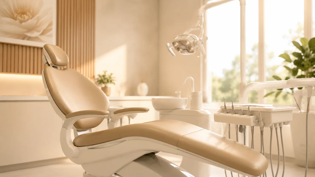 Cadeira odontológica em consultório tranquilo e acolhedor