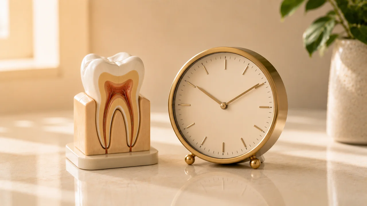 Tratamento de canal em sessão única: relógio ao lado de um modelo de dente