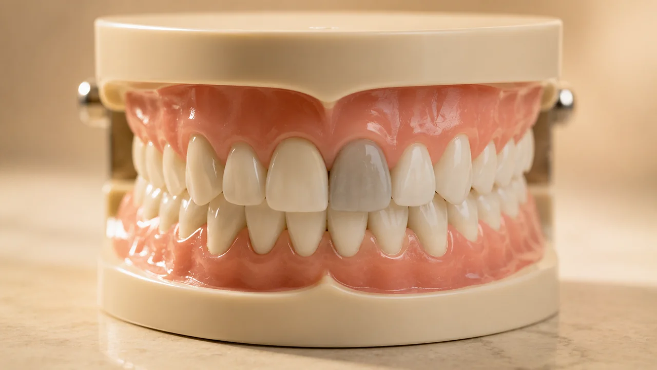 Modelo de arcada com um dente visivelmente escurecido