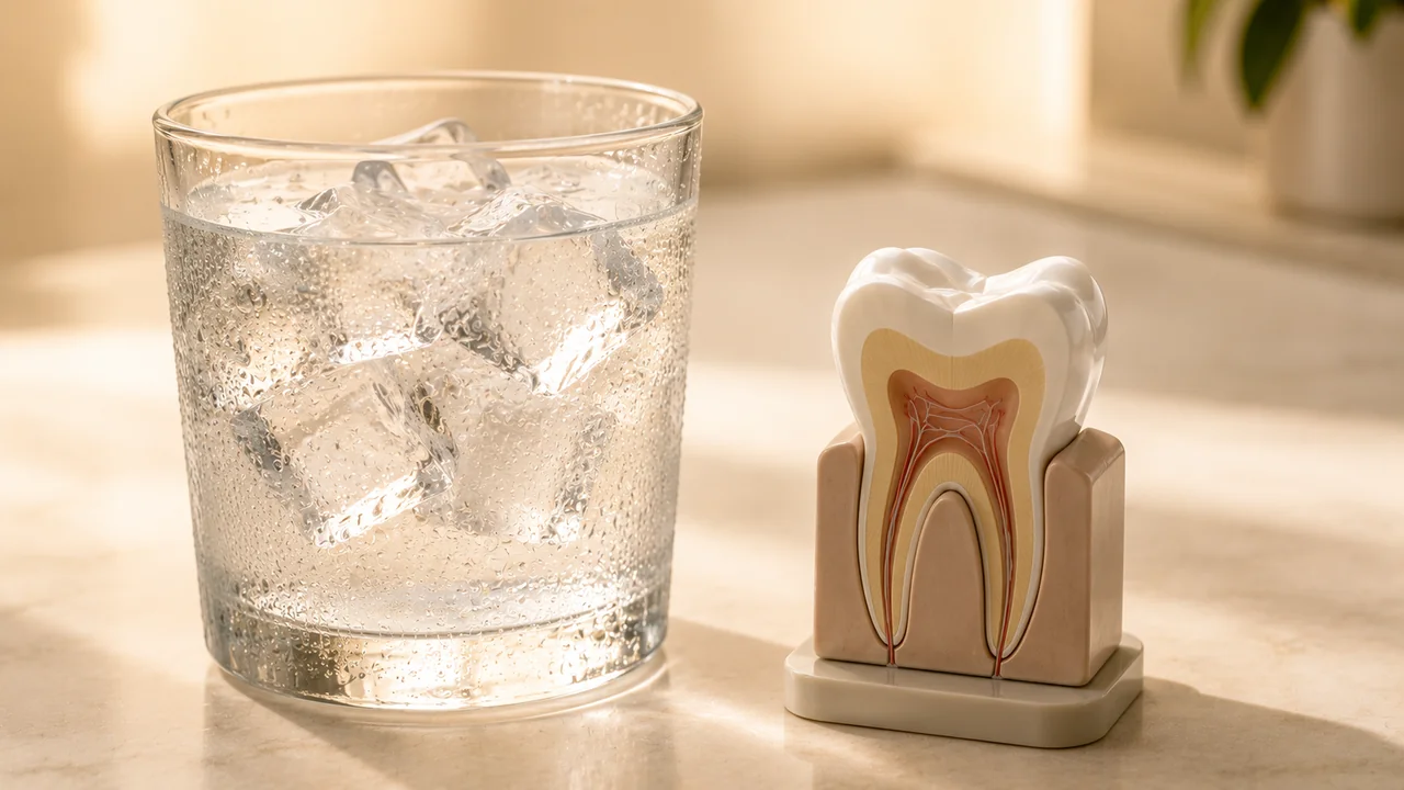 Copo com gelo ao lado de um modelo de dente representando sensibilidade ao frio