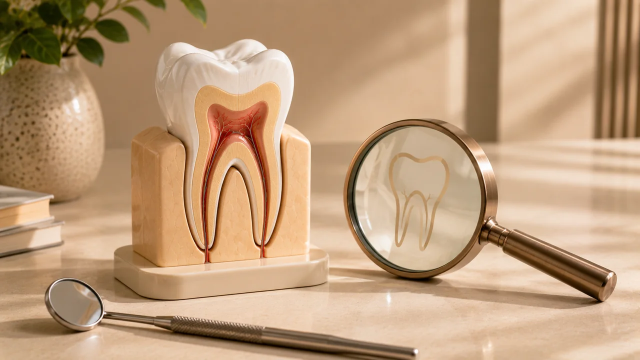 Espelho clínico, modelo de dente e lupa representando a endodontia