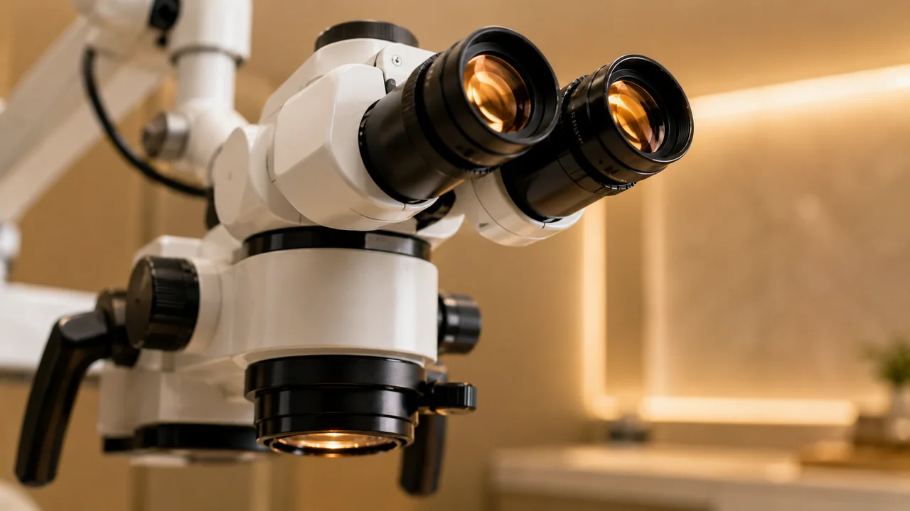 Detalhe das lentes de um microscópio odontológico