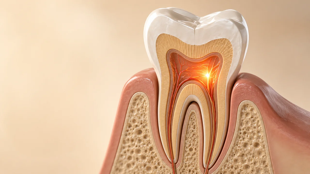 Ilustração de dente em corte com inflamação da polpa